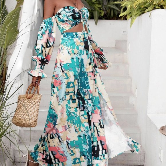 Multicolor Boho Off Shoulder Drawstring Front Flounce Sleeve Split Thigh Dress - Picture 3 of 5